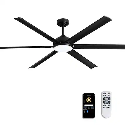 Front. Siljoy - 72 Inch Industrial Black Ceiling Fan with Integrated LED Light and Remote for Patio Kitchen Garage and Warehouse - Black.