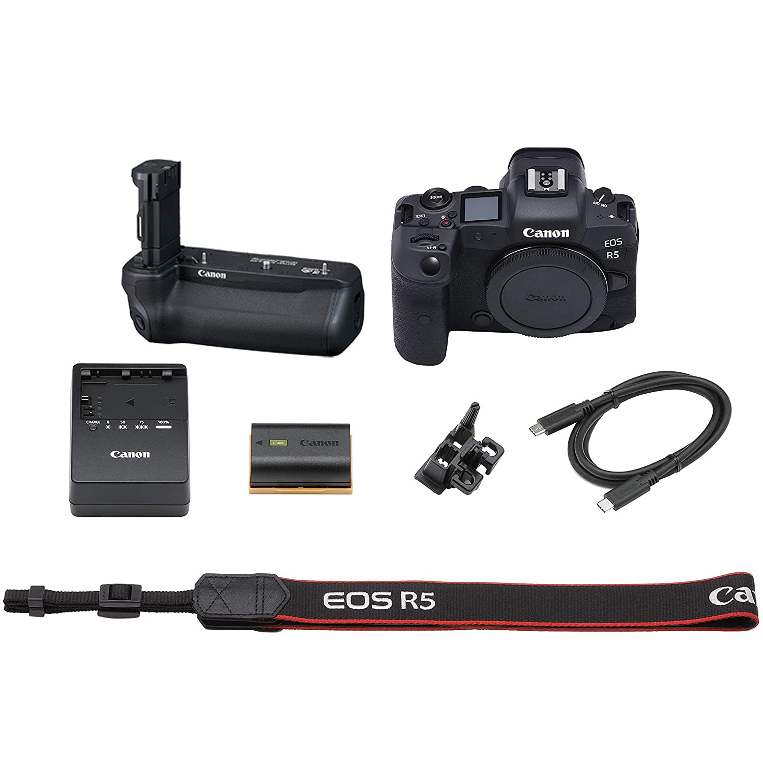 Canon EOS R5  
Canon GP-E6N  
Canon LP-E6N Battery  
Canon USB Cable  
Canon Strap EOS R5