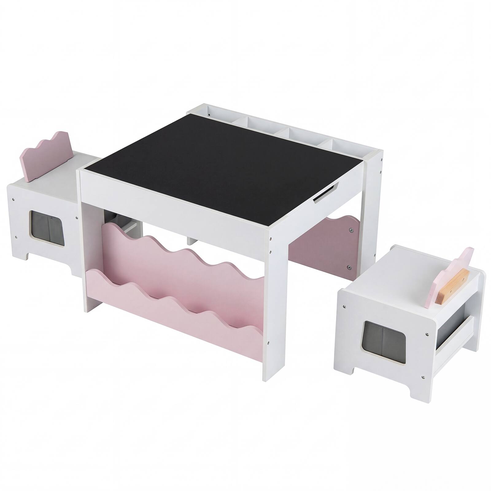 Costway - Wooden Kids Table & Chairs Set with Double-sided Tabletop Chalkboard Bookshelves - White + Pink price history on PriceWatchPro