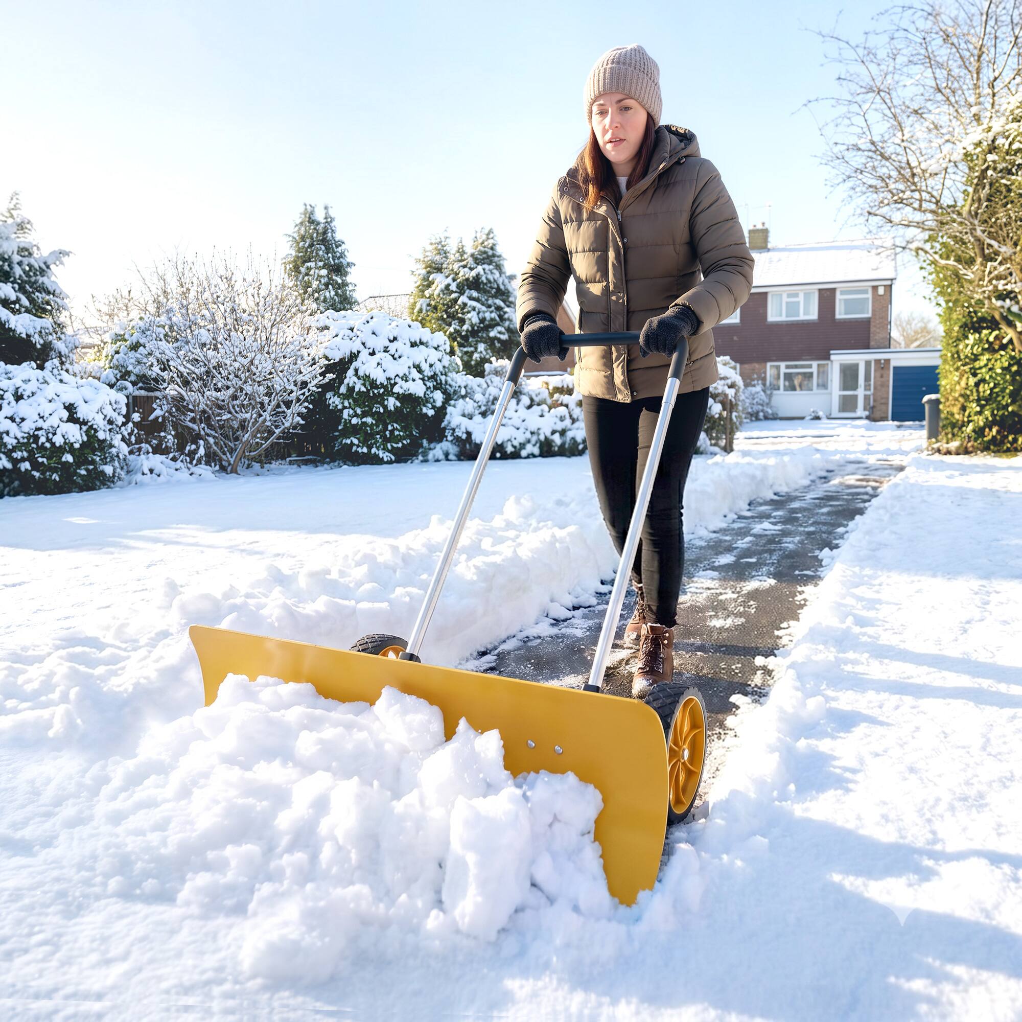 Alt View 1. Outsunny - Extra Wide Snow Shovel with Wheels - Yellow.