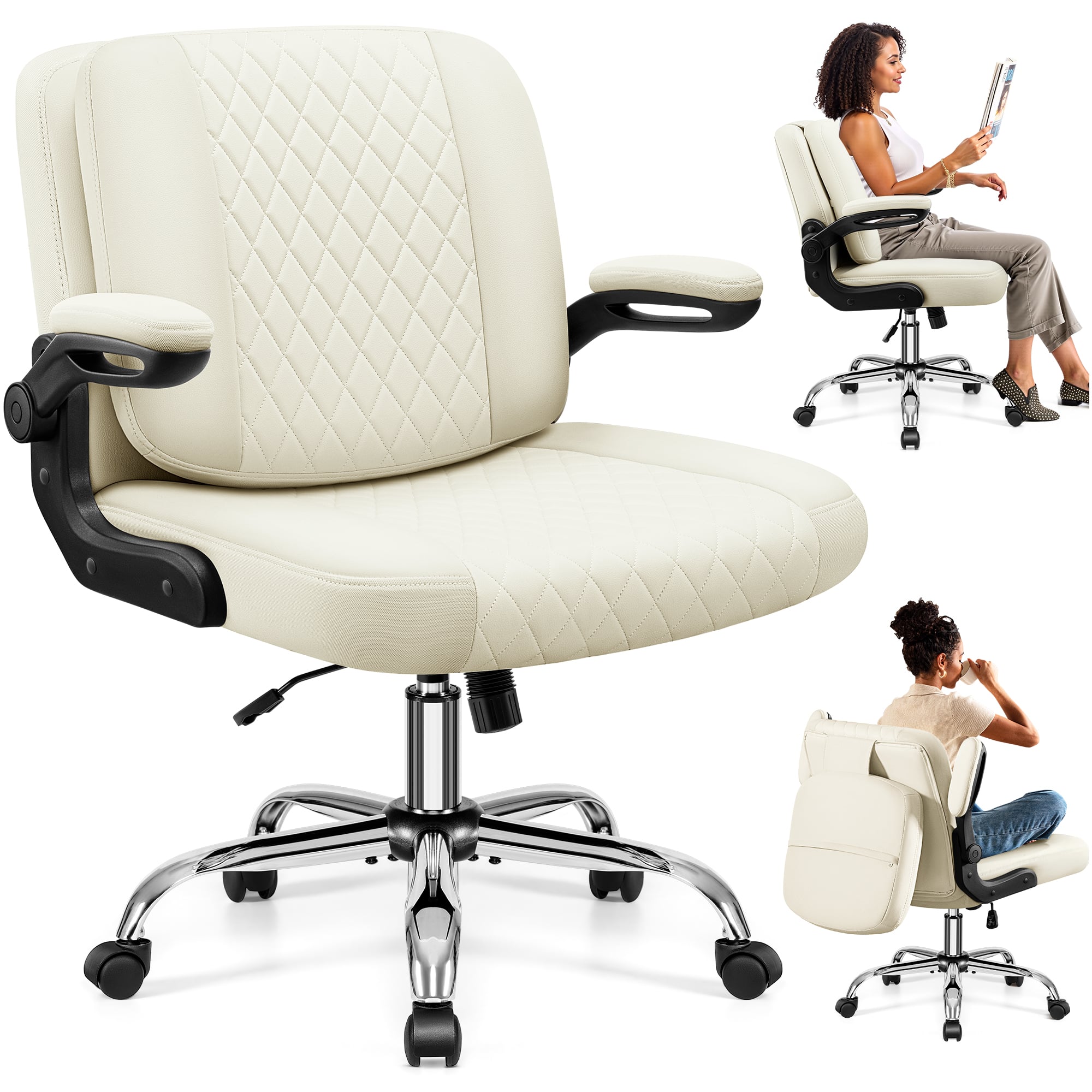 KERDOM - Ergonomic Home Office Chair with Flip Backrest & Arms, Thickened Waterproof PU Leather, Swivel Wide Seat Vanity Chair - White