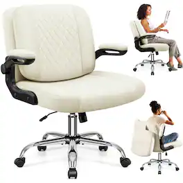 KERDOM - Ergonomic Home Office Chair with Flip Backrest & Arms, Thickened Waterproof PU Leather, Swivel Wide Seat Vanity Chair - White