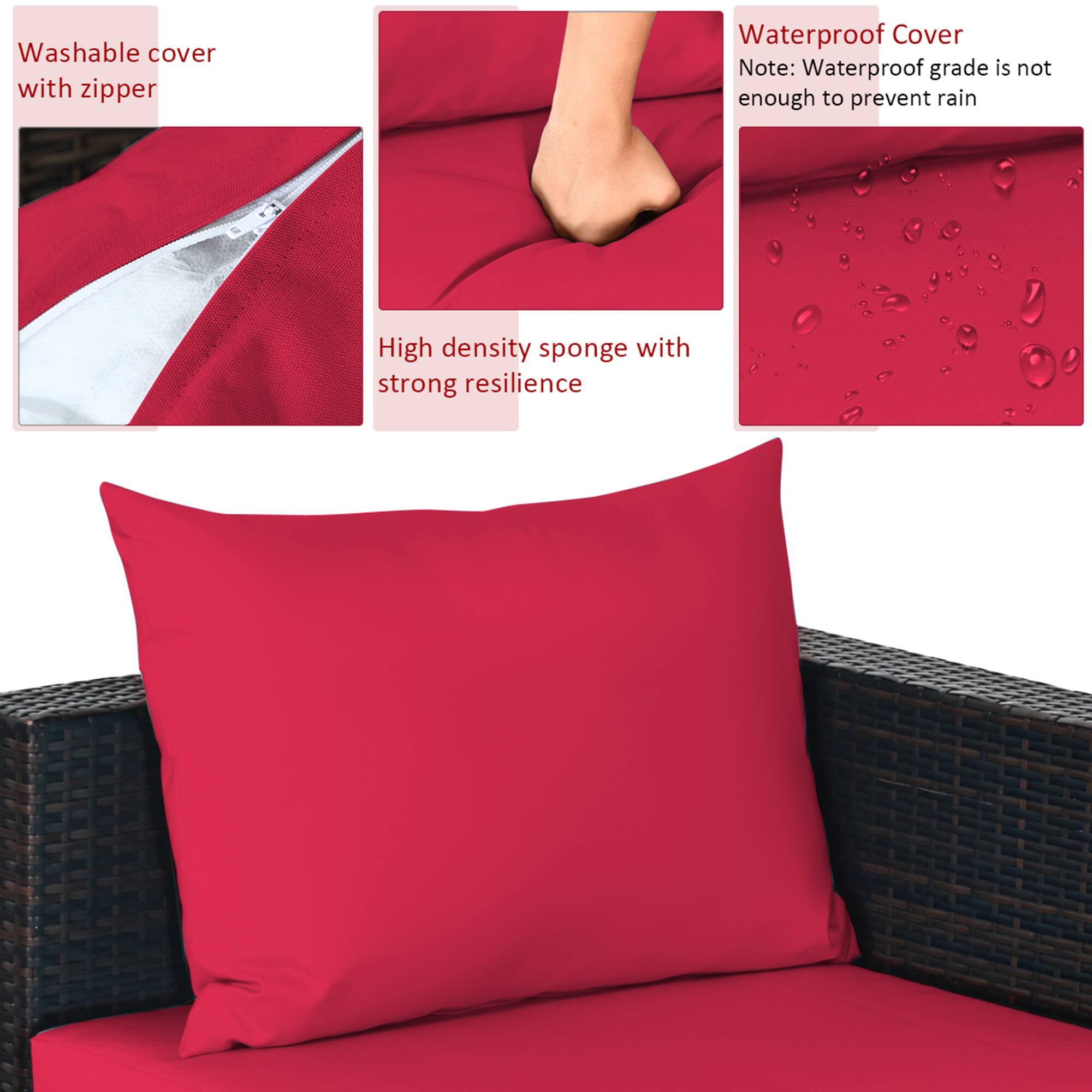 - Washable cover with zipper
- High density sponge with strong resilience
- Waterproof Cover
  Note: Waterproof grade is not enough to prevent rain