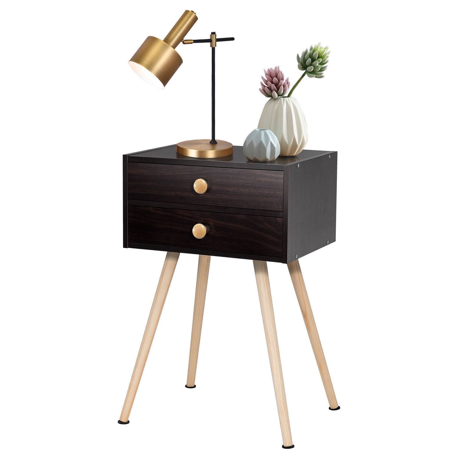 Alt View 2. WELLFOR - Mid-Century Modern Nightstand with 2 Drawers - Coffee.