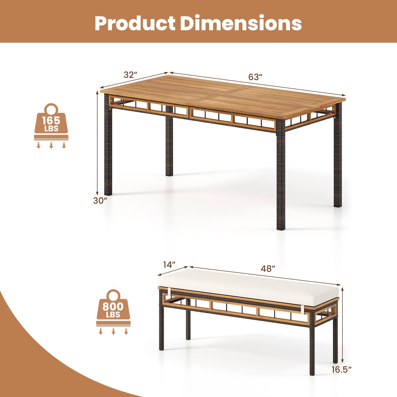 Product Dimensions

- 32" x 63" x 30"
- 165 LBS
- 48" x 14" x 16.5"
- 800 LBS