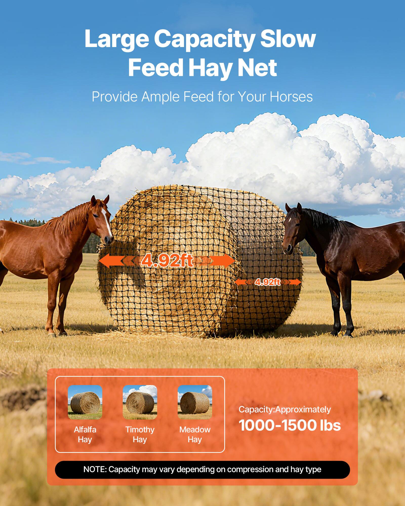 Large Capacity Slow Feed Hay Net  
Provide Ample Feed for Your Horses  

4.92ft x 4.92ft  

Capacity: Approximately 1000-1500 lbs  

NOTE: Capacity may vary depending on compression and hay type  

Alfalfa Hay  
Timothy Hay  
Meadow Hay