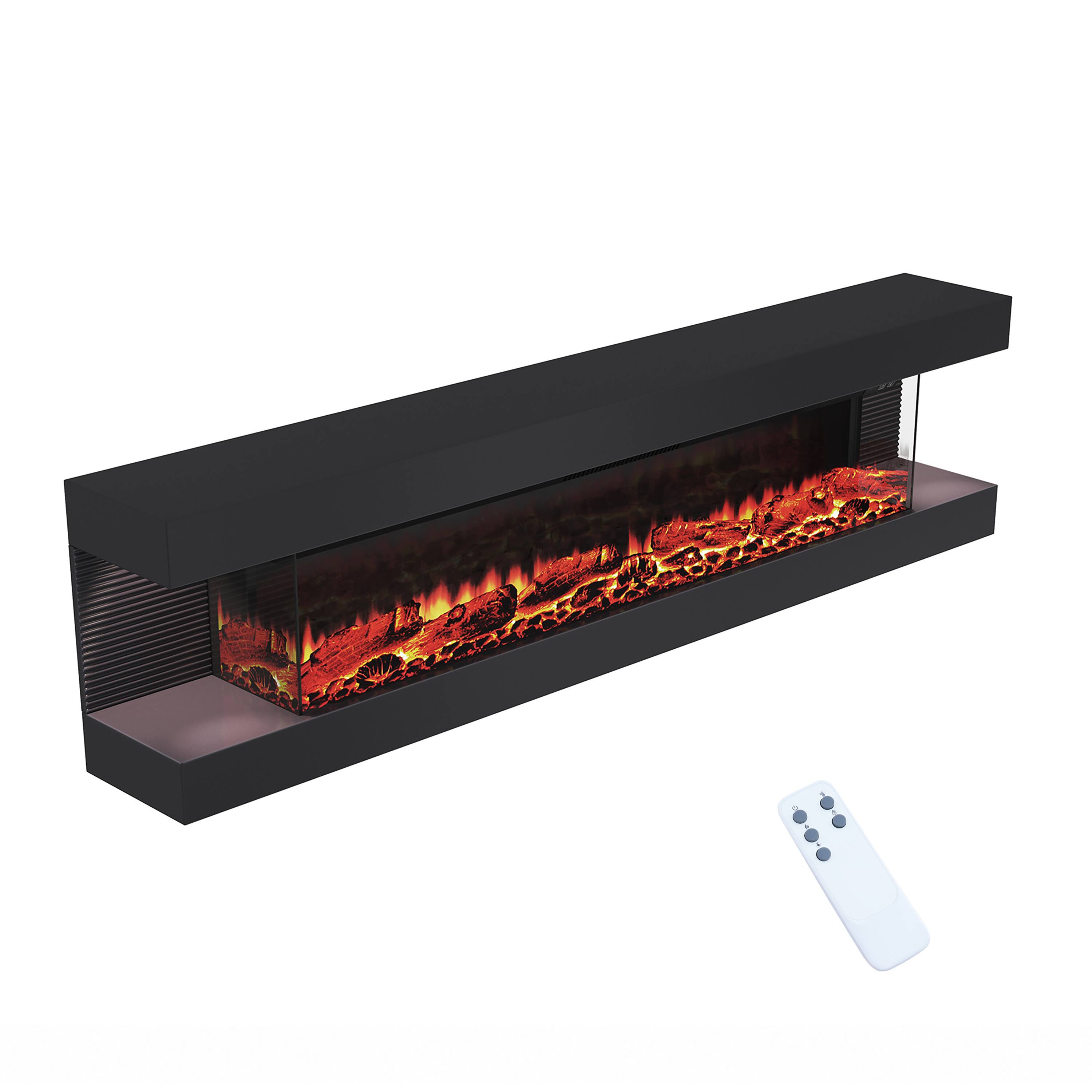 Angle. Mondawe - 72" Stylish 3-Sided Electric Fireplace with Suspended LED Light Mantel and Remote Control - Black.