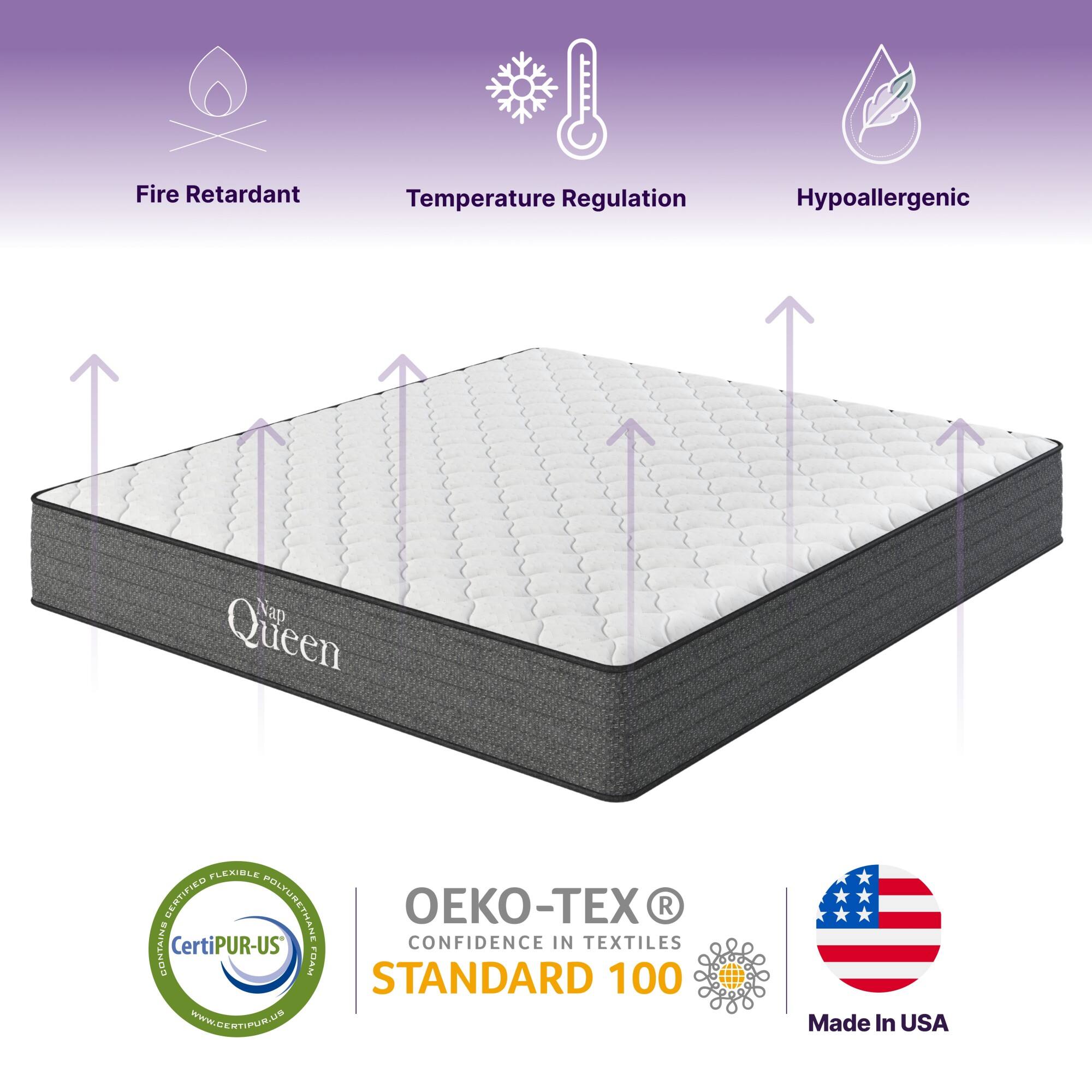 Fire Retardant  
Temperature Regulation  
Hypoallergenic  

Nap Queen  

Certified Flexible Polyurethane Foam  
CertiPUR-US  
www.certipur.us  

OEKO-TEX®  
CONFIDENCE IN TEXTILES  
STANDARD 100  

Made In USA