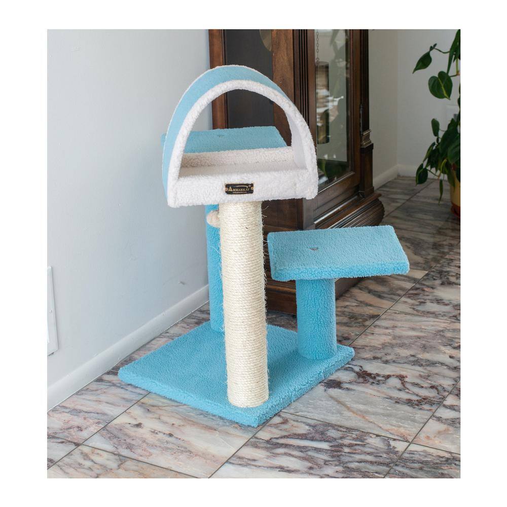 Left. Armarkat - 29 Real Wood Cat Tree With Scratcher And Tunnel For Squeeze - Blue.