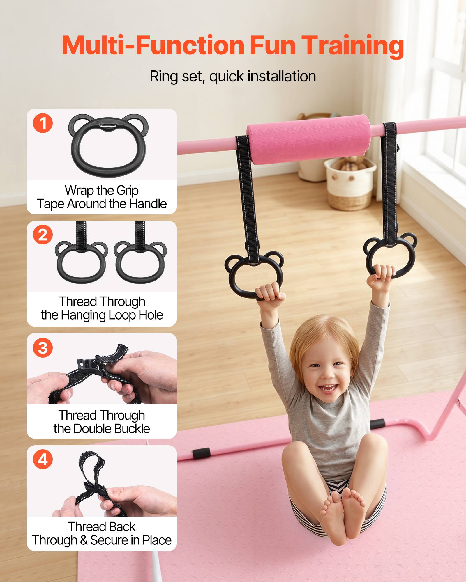 Multi-Function Fun Training Ring set, quick installation

1. Wrap the Grip Tape Around the Handle
2. Thread Through the Hanging Loop Hole
3. Thread Through the Double Buckle
4. Thread Back Through & Secure in Place