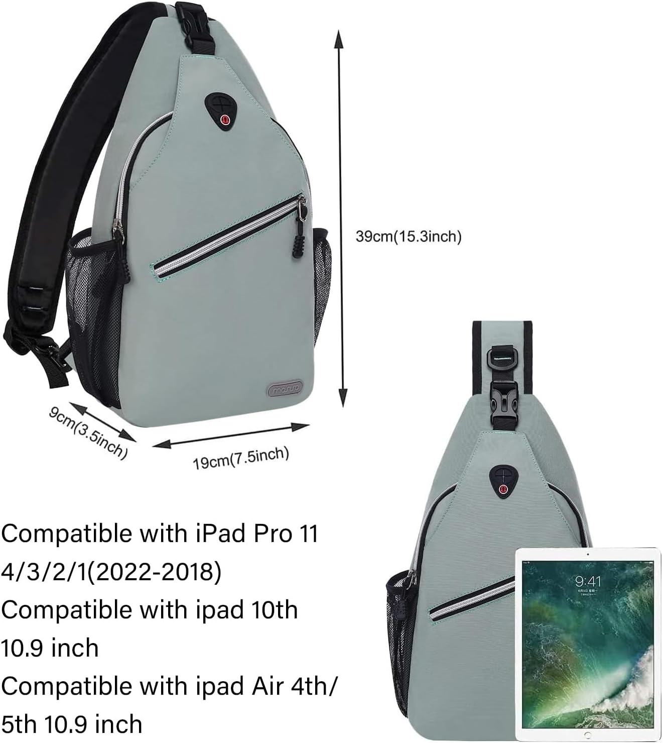 39cm (15.3 inch)  
9cm (3.5 inch)  
19cm (7.5 inch)  
19cm (7.5 inch)  

Compatible with iPad Pro 11 4/3/2/1 (2022-2018)  
Compatible with iPad 10th 10.9 inch  
Compatible with iPad Air 4th/5th 10.9 inch