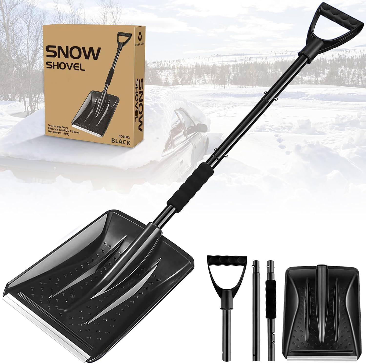 GlowWise - Aluminum Snow Shovel, Adjustable Lightweight Portable Emergency Shovel for Driveway and Camping - Blank