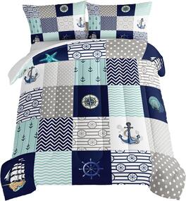 Wikistore - Nautical Comforter Set Twin Size Plaid Patchwork Ocean Theme Bedding with 2 Pillow Shams - As Picture