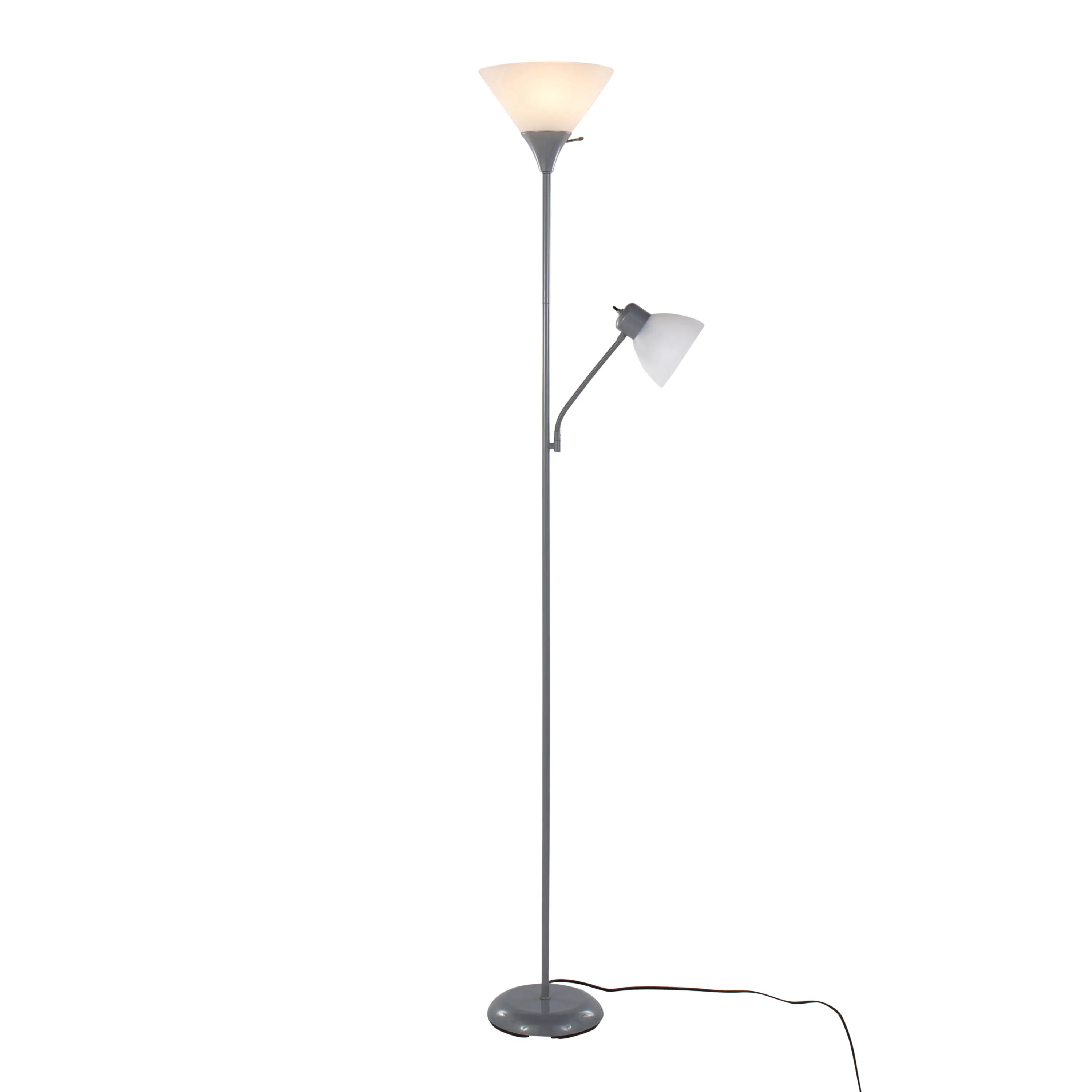 Back. Loheer - Loheer 72-Inch Tall Silver Metal Standing Lamp with Dual Frosted Shades - White.