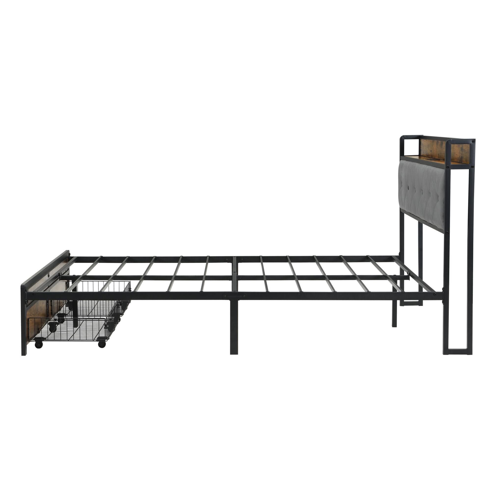 Alt View 5. GOODSILO - Modern Upholstered Full Bed Frame with LED Lighting, Storage Drawers, USB Charging Station, and Sturdy Metal Structure - Brown+Gray.