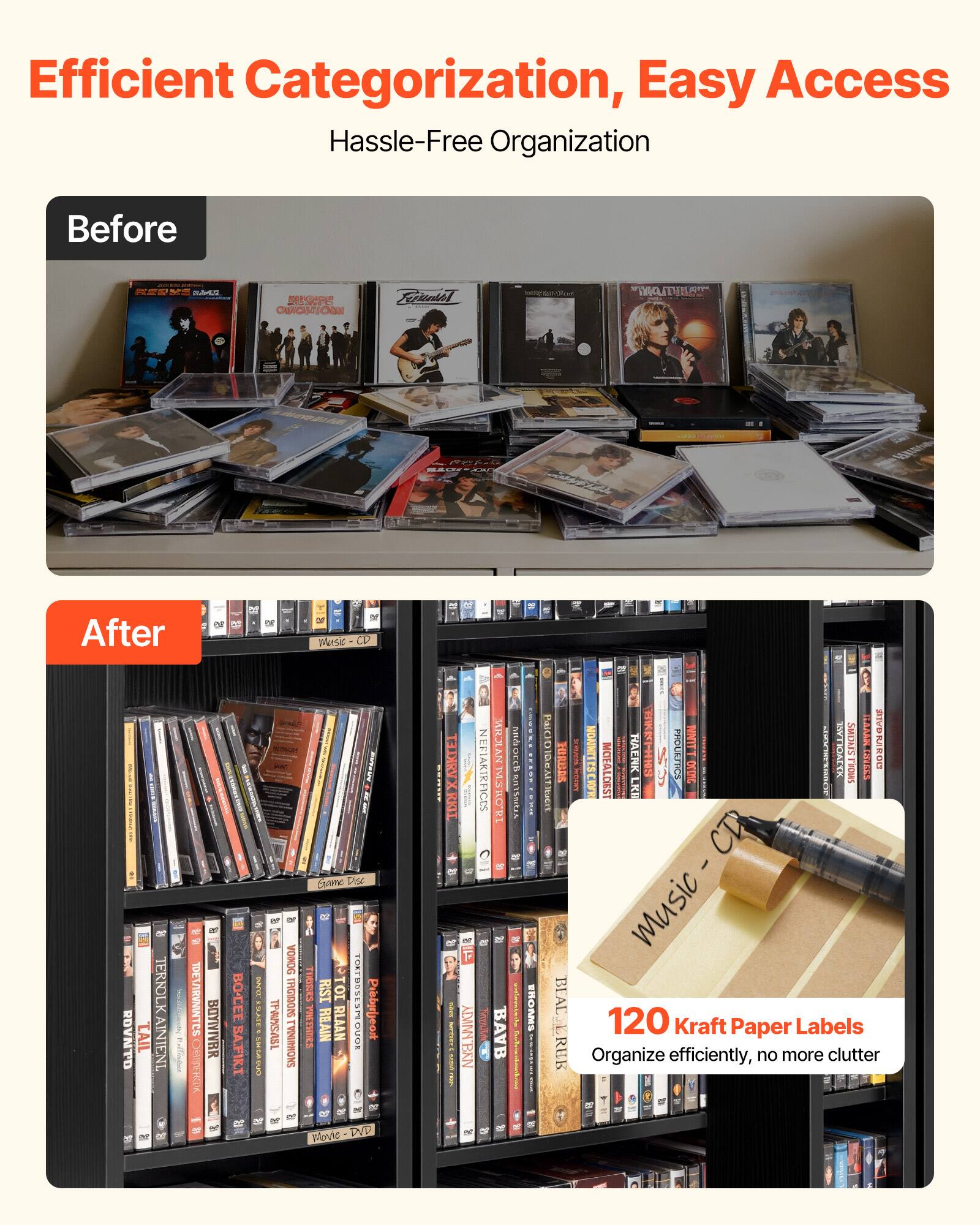 Efficient Categorization, Easy Access  
Hassle-Free Organization

Before

After

120 Kraft Paper Labels  
Organize efficiently, no more clutter