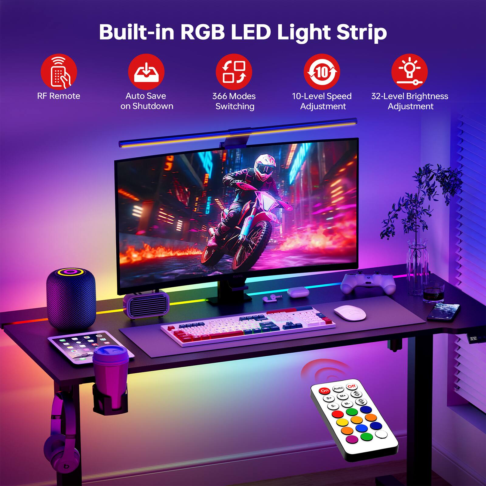 Built-in RGB LED Light Strip, RF Remote, Auto Save on Shutdown, 366 Modes Switching, 10-Level Speed Adjustment, 32-Level Brightness Adjustment
