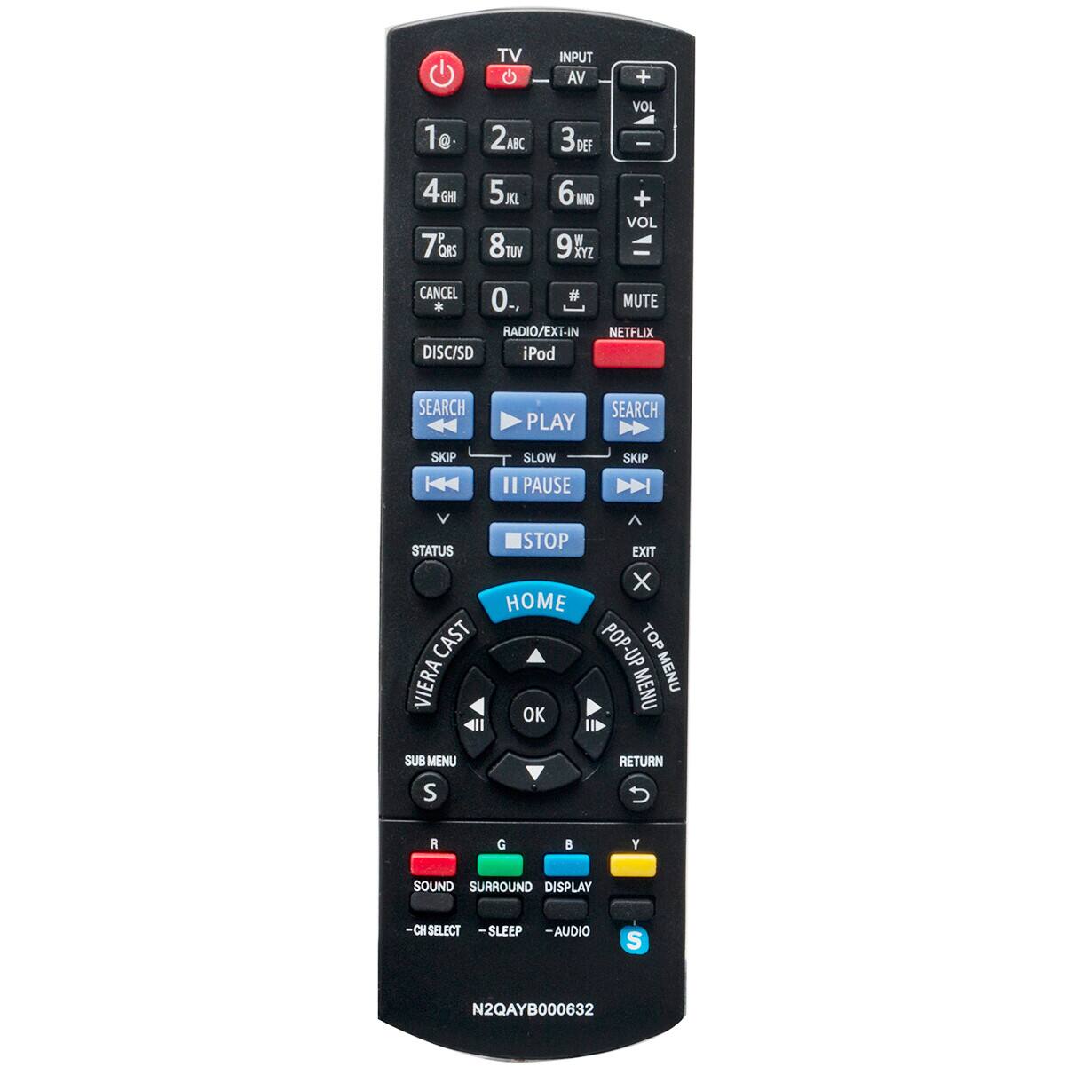 TV C INPUT AV + 1 2ABC 3DEF VOL - 4 GHI 5 8TW 6MNO 9 + VOL CANCEL 0. # * MUTE RADIO/EXT-IN NETFLIX DISC/SD iPod SEARCH PLAY SEARCH SKIP SLOW II PAUSE SKIP STOP STATUS EXIT X HOME CAST POP-UP TOP VIERA MENU MENU OK SUB MENU S RETURN R G B Y SOUND SURROUND DISPLAY -CH CH SELECT -SLEEP -AUDIO S N2QAYB000632