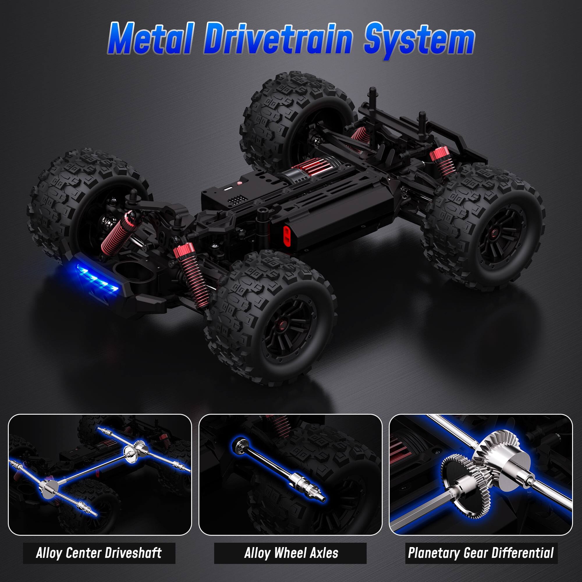 Metal Drivetrain System  
Alloy Center Driveshaft  
Alloy Wheel Axles  
Planetary Gear Differential