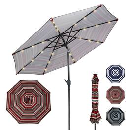 Sunnydaze - 9 ft Solar Patio Umbrella with Lights, Tilt, and Crank - Awning Stripe
