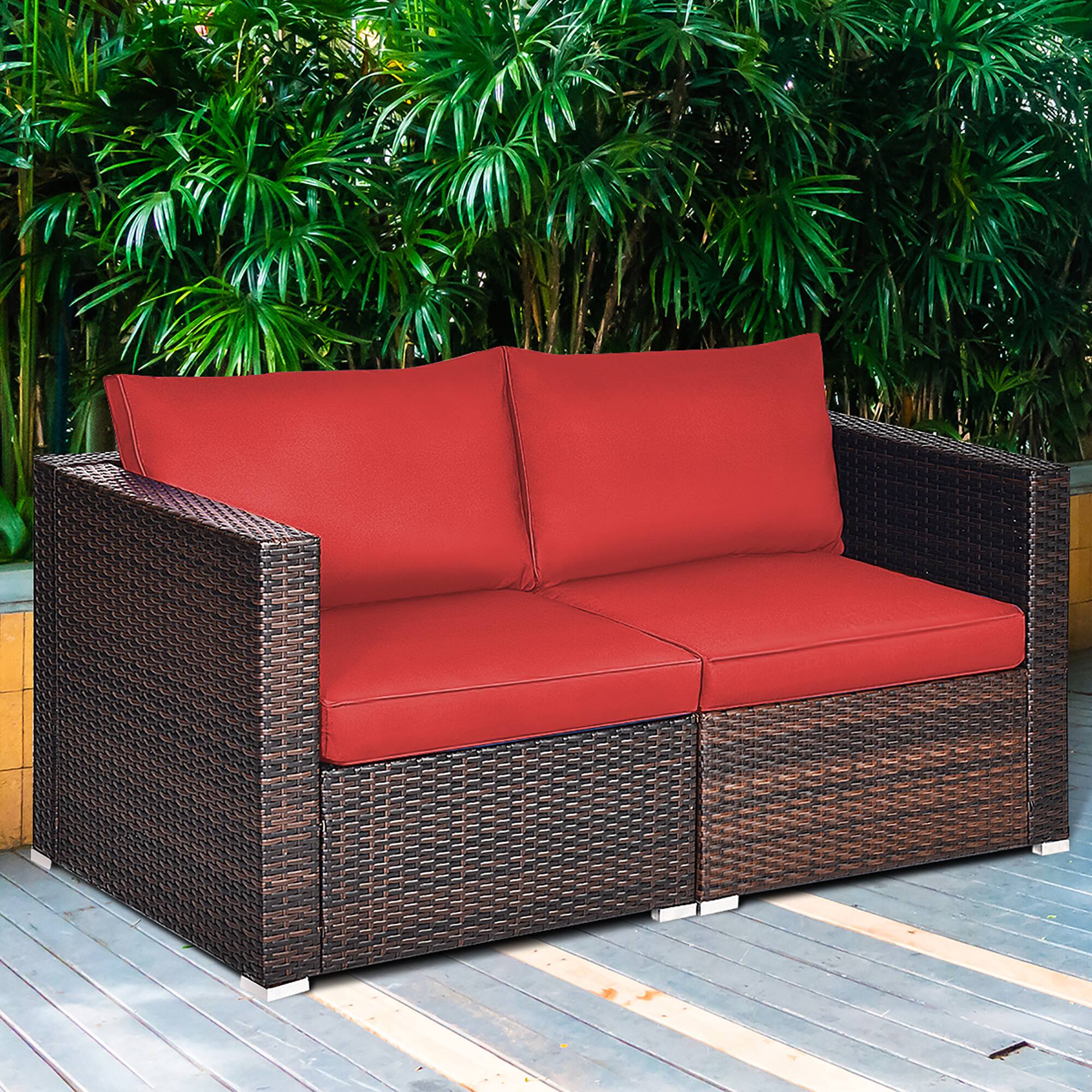 Alt View 1. Gymax - Gymax 4PCS Rattan Corner Sofa Set Patio Outdoor Furniture Set w/ Red Cushions - Brown.