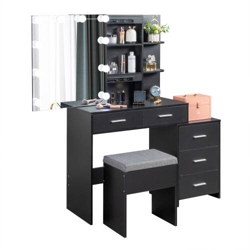 Alt View 2. Winado - Vanity Makeup Table Dressing Desk Set Open Shelves 5 Drawers Cabinet 10 LED Lighted Bulbs Sliding Mirror with Stool Set - Black.