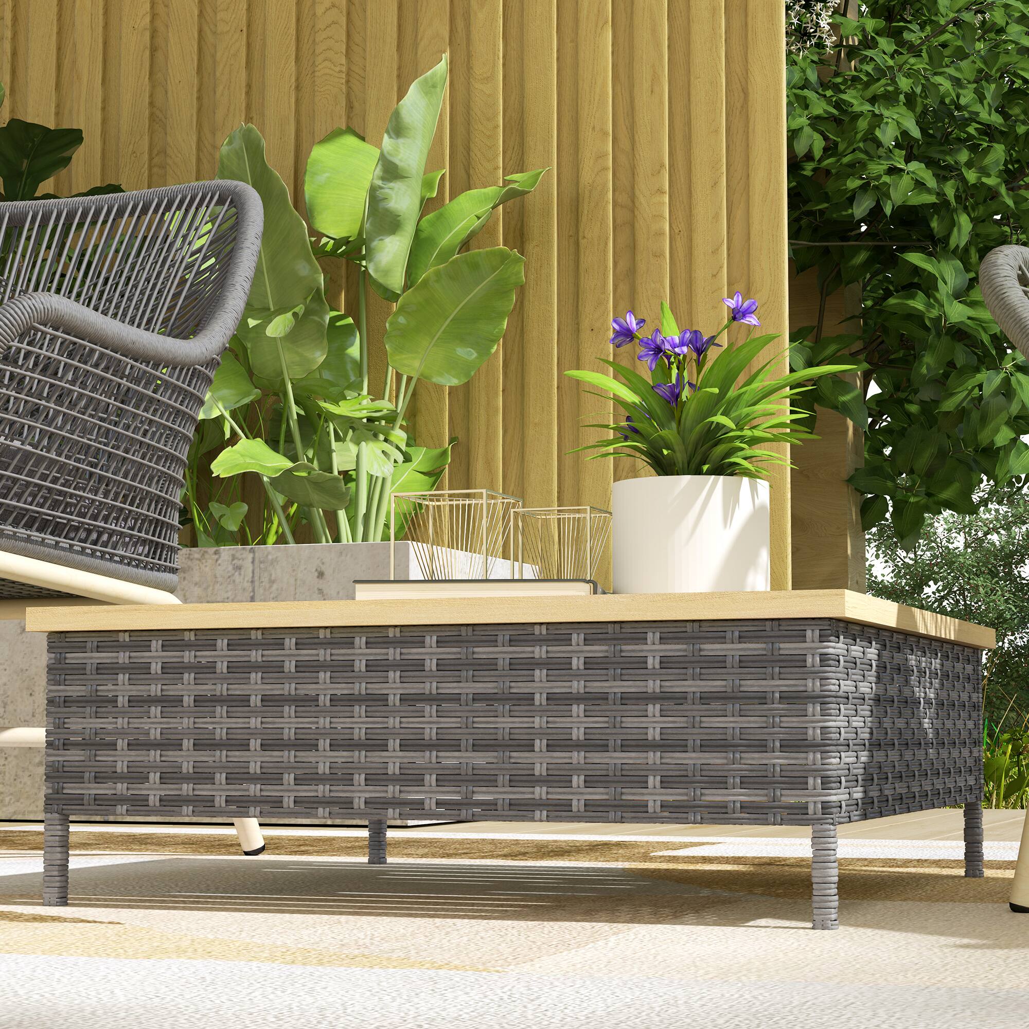 Alt View 8. Outsunny - Outdoor Side Table with PE Rattan, Patio End Table with Natural Fir Wood Top, Weather Resistant Accent Table - Gray.