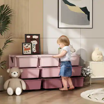 Qaba 29.5" 3 Tier Kids Storage Unit Dresser Tower w/ 9 Drawers, Pink Qaba 29.5" 3 Tier Kids Storage Unit Dresser Tower w/ 9 Drawers, Pink