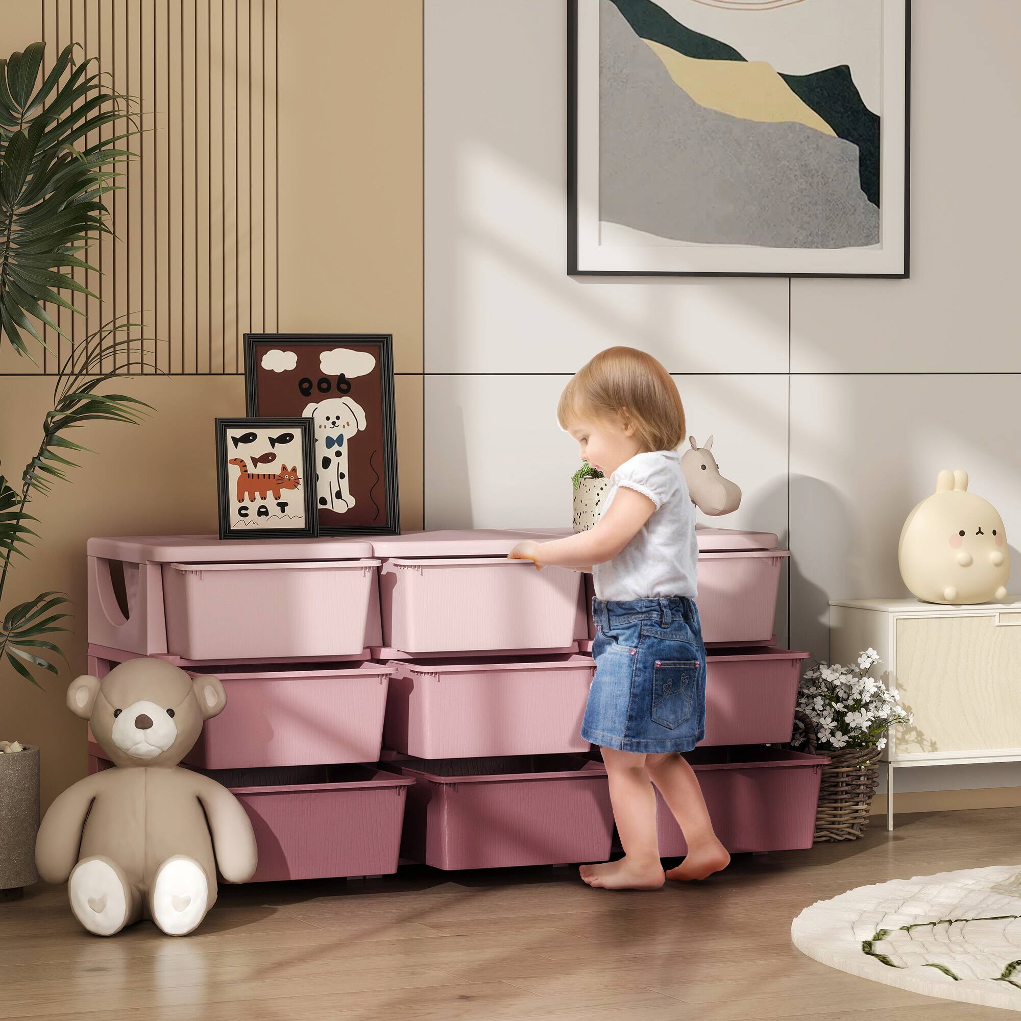 Angle. Qaba - 3 Tier Kids Storage Unit, 9 Drawer Chest Toy Organizer, Plastic Bins, Bedroom, Nursery, Living Room, Toddlers - Pink.