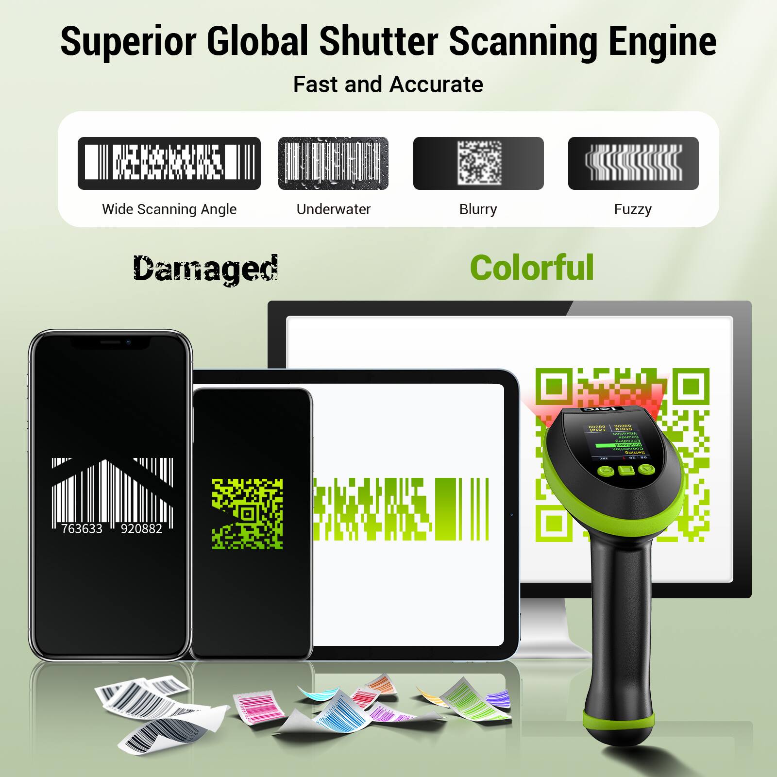 Superior Global Shutter Scanning Engine  
Fast and Accurate  

Wide Scanning Angle  
Underwater  
Blurry  
Fuzzy  

Damaged  
Colorful  

763633 920882