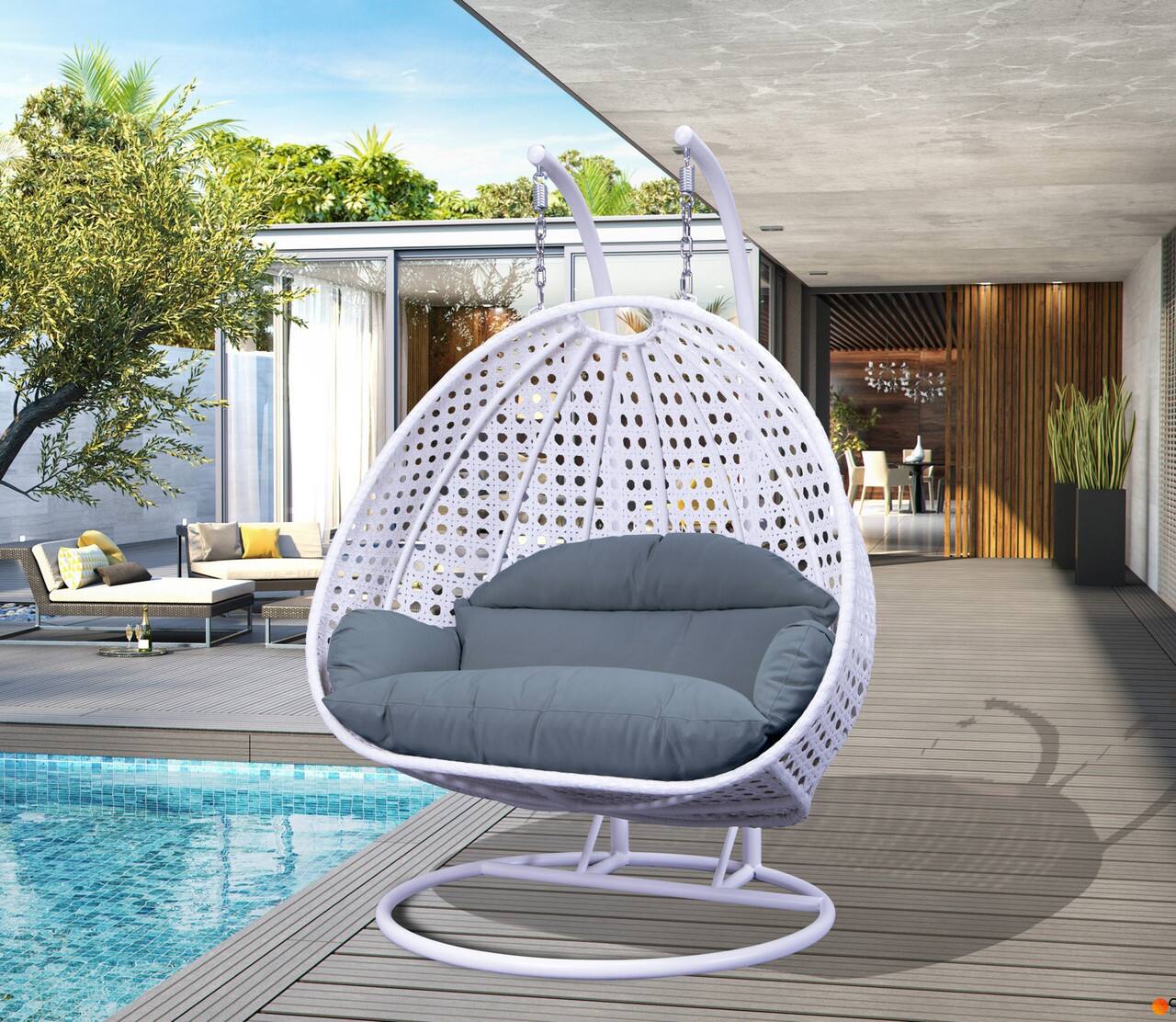 Left. LeisureMod - Leisuremod Modern 2-Person Outdoor Egg Swing White Wicker Chair with Stand, Plush Washable Cushions & Waterproof Cover - Charcoal Blue.