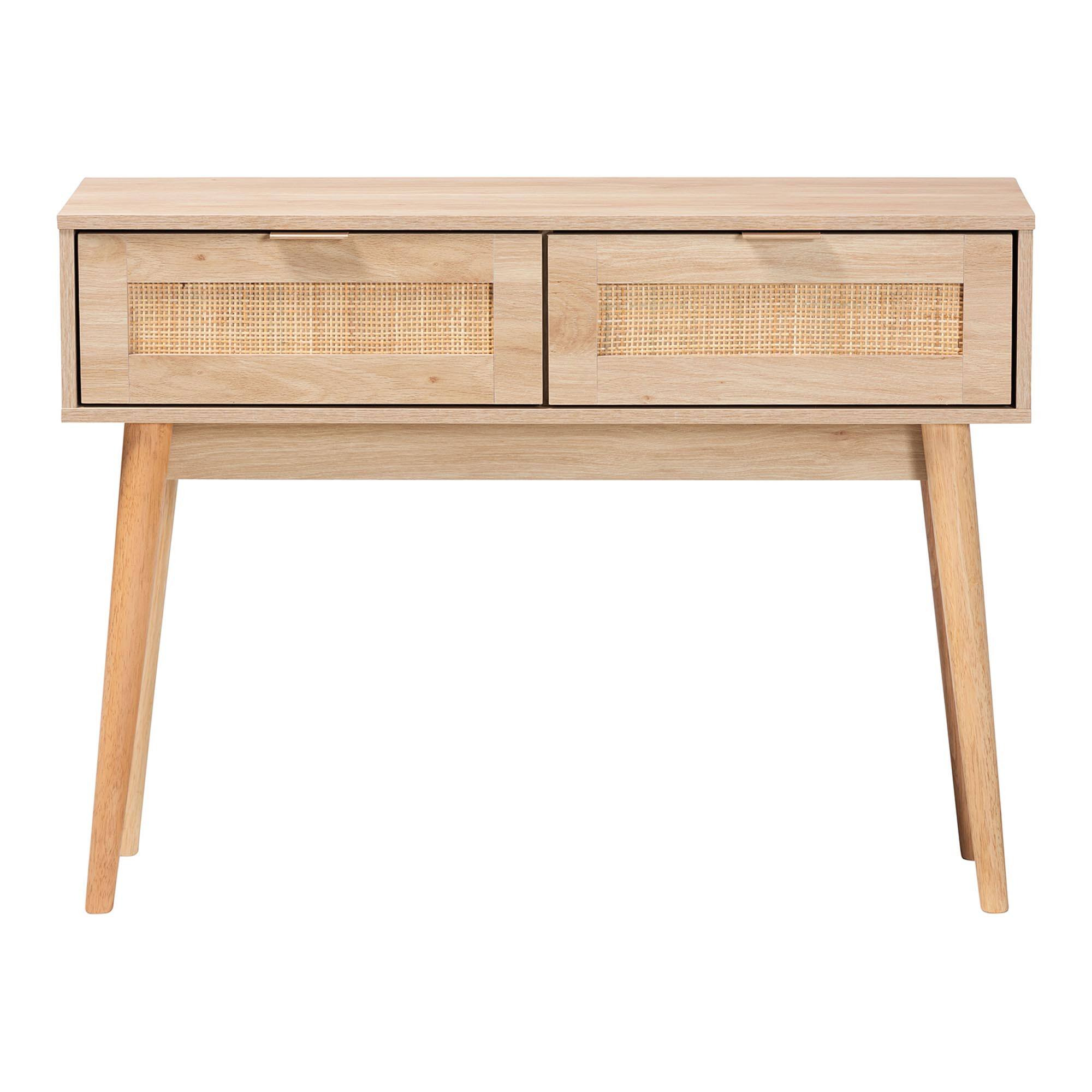 Left. Baxton Studio - Baird Mid-Century Modern Light Finished Wood and Rattan 2-Drawer Console Table - Oak Brown.