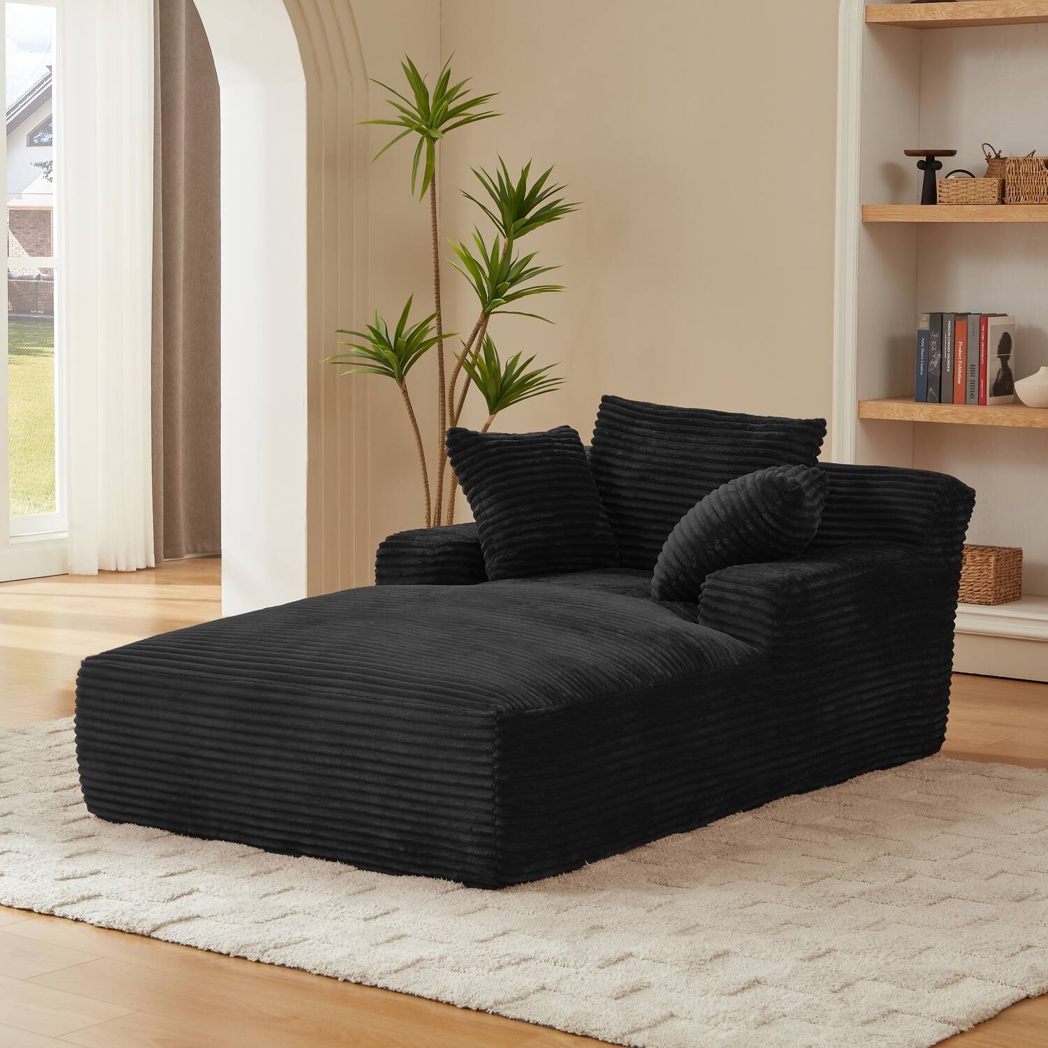 Back. Chic Crate - Plush Corduroy Cloud Floor Sofa Bed for Living Room - Black.
