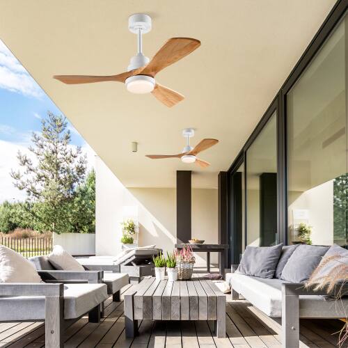 Alt View 5. LUCKY ONE - 42" Ceiling Fan with Light Remote 3 Solid Wood Blades DC Motor - Oak Natural Wood + Antique White.