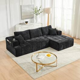 Anysun - 108" L-Shaped Compression Chenille Sectional Sofa with Right Chaise, Cup Holders & Side Pockets, No Assembly - Black