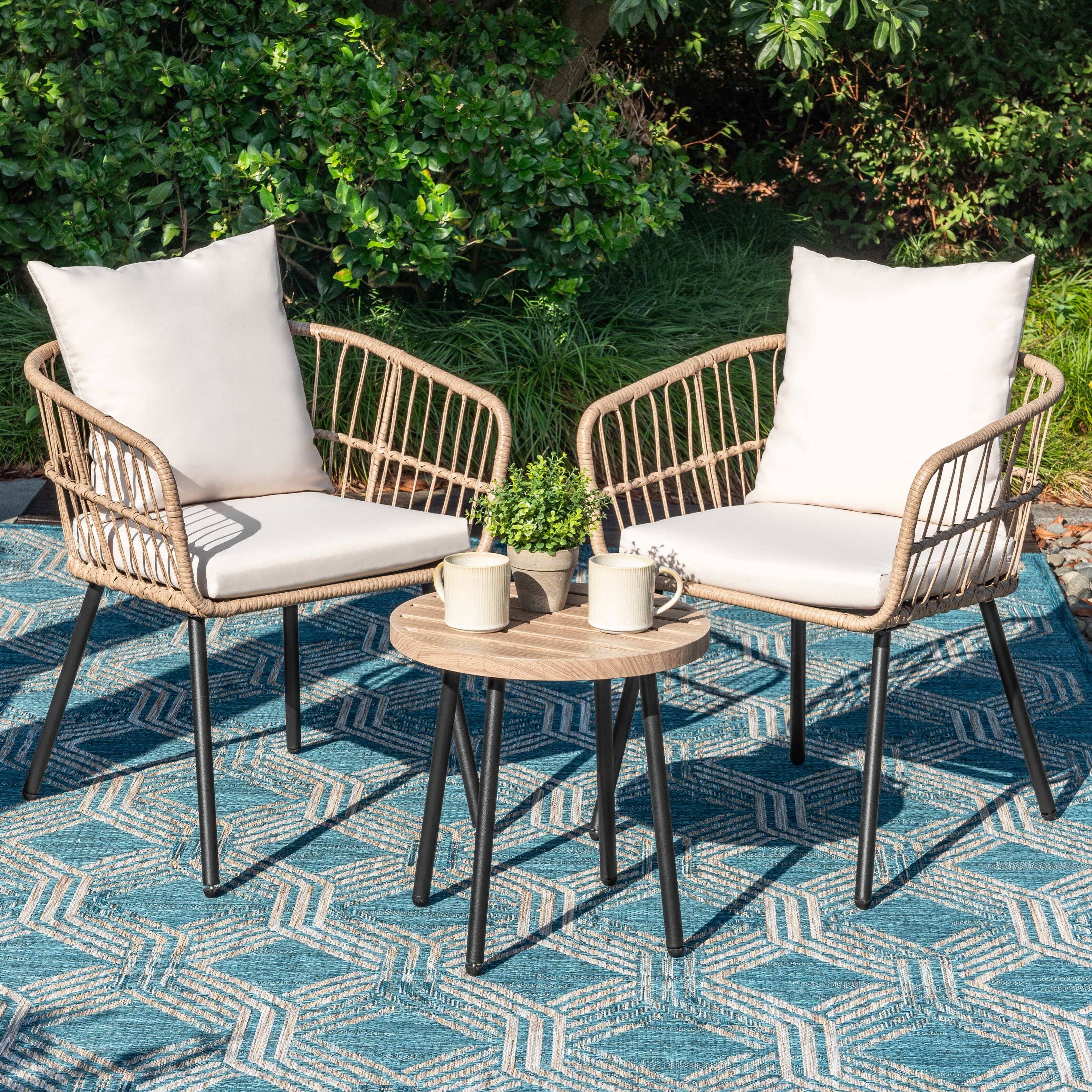 Angle. Nuu Garden - 3-Piece Metal and PE Wicker Patio Bistro Set with Soft Cushions - Beige.