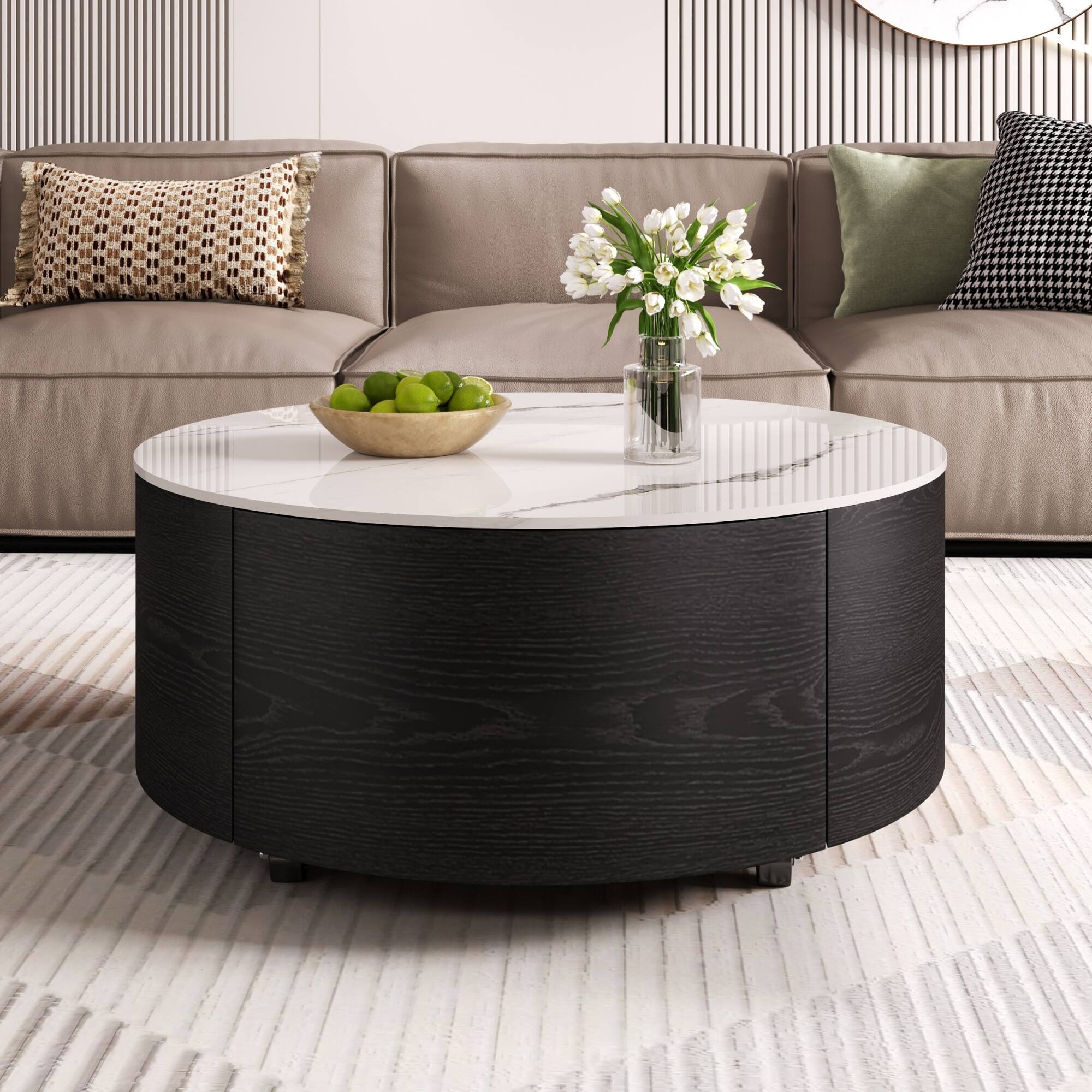 Angle. GOODSILO - Modern Round Mobile Coffee Table with Two Drawers and Marble-Pattern Top - Black.