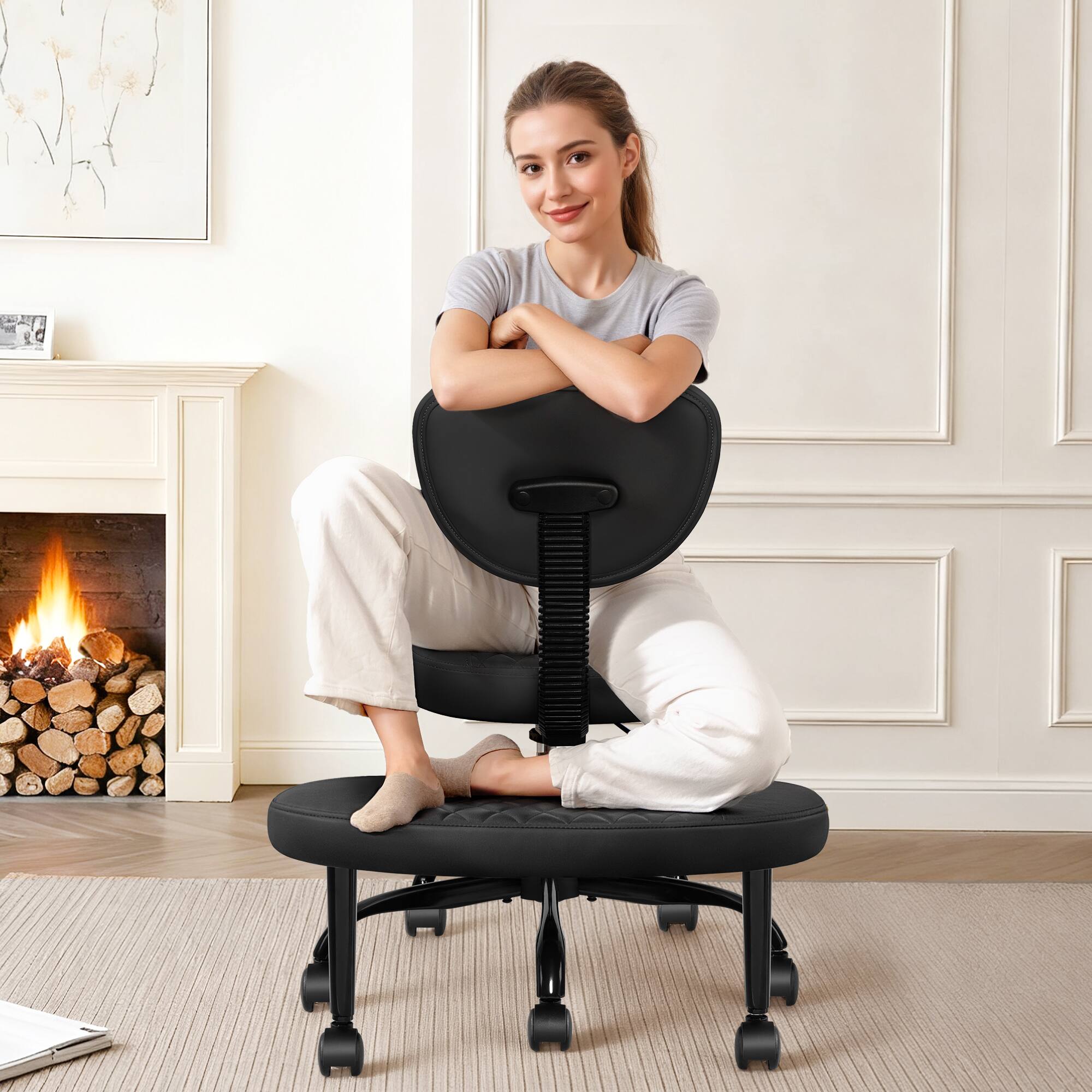 KERDOM - Ergonomic Wide Criss Cross Leg Chair 360° Swivel Retractable Footrest, PU Leather Kneeling Chair Adjustable Height - Black