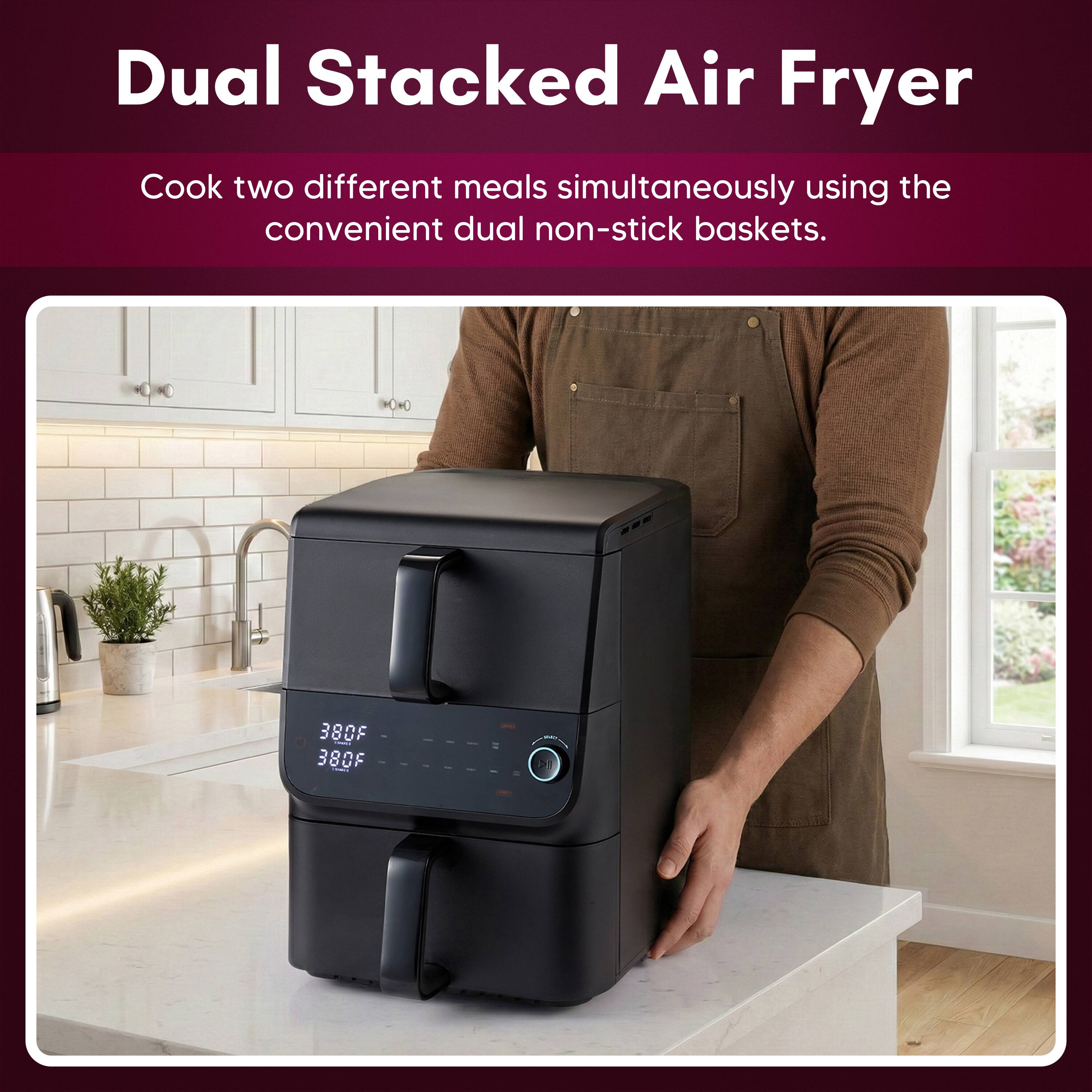 Dual Stacked Air Fryer

Cook two different meals simultaneously using the convenient dual non-stick baskets.

380F 380F