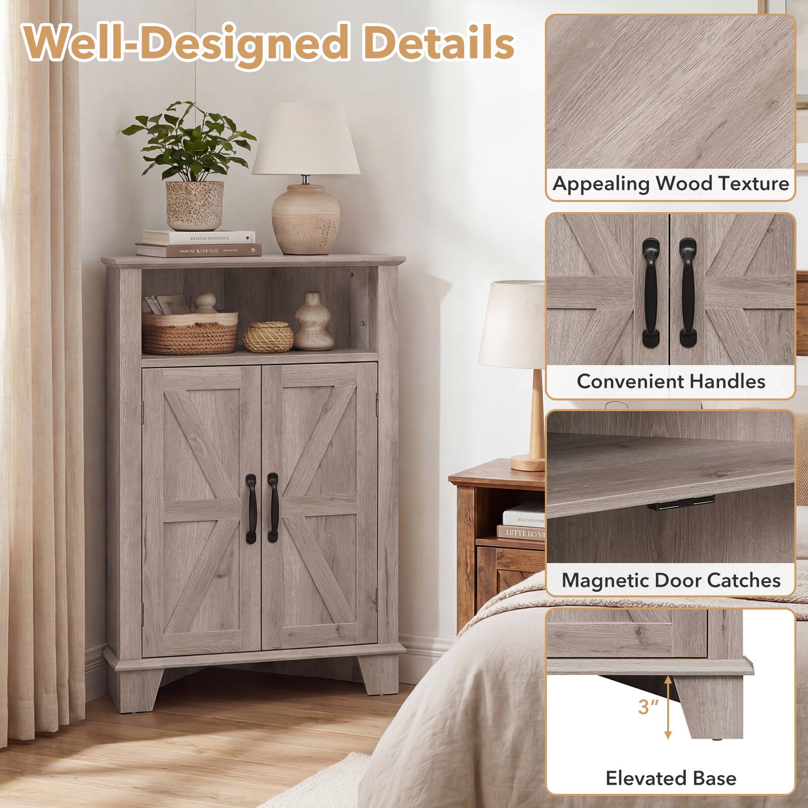 Well-Designed Details

- Appealing Wood Texture
- Convenient Handles
- Magnetic Door Catches
- Elevated Base (3")