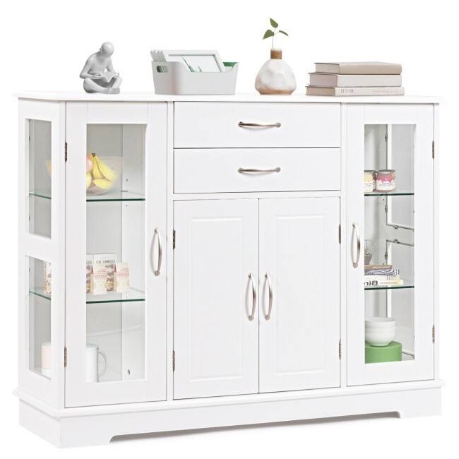 Front. Hivvago - White Wood Buffet Sideboard Cabinet with Glass Display Doors - White.