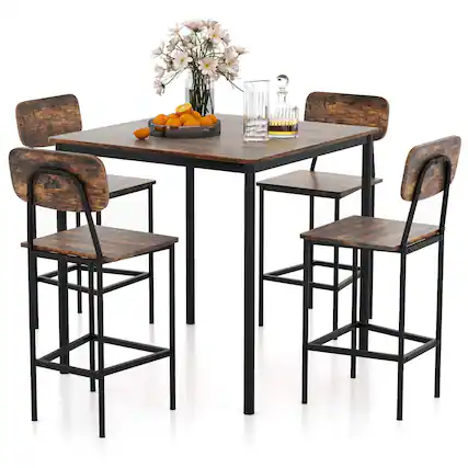 Front. Costway - 5-Piece Industrial Dining Table Set with Counter Height Table & 4 Bar Stools Black - Black.