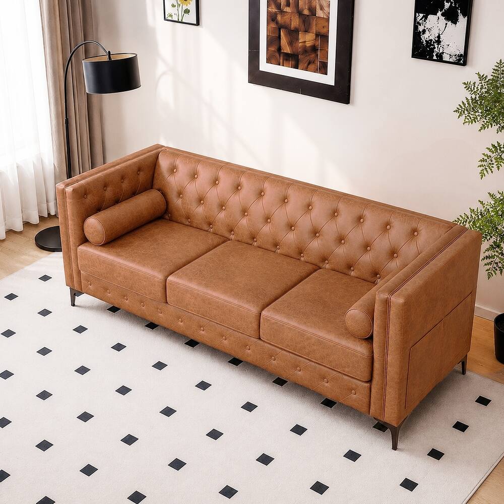 Alt View 9. Loheer - Loheer 78.5-Inch Brown Faux Leather Sofa, Mid-Century Modern 3-Seater Couch with Button Tufted Deep Seat - Brown.