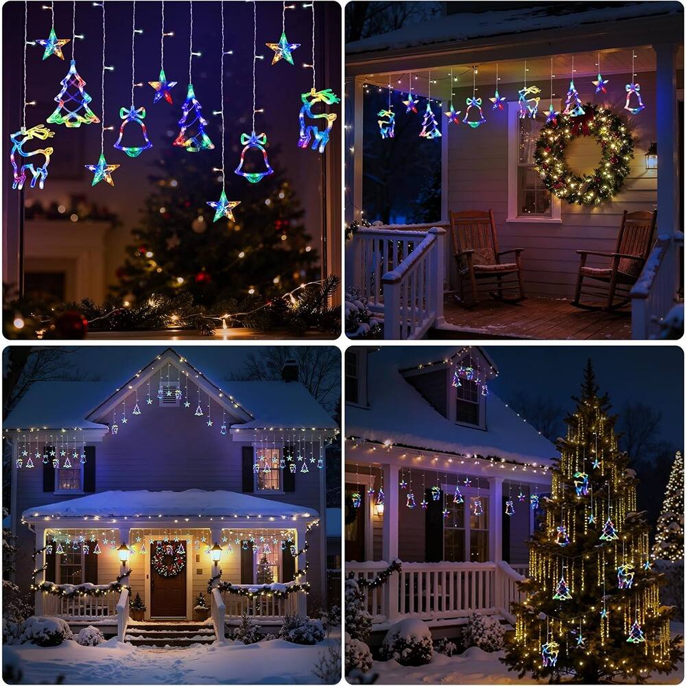 Alt View 2. MOSZAR LLC - 120-LED Colorful Christmas Curtain Lights 9.84ft Tree, Bell & Star.
