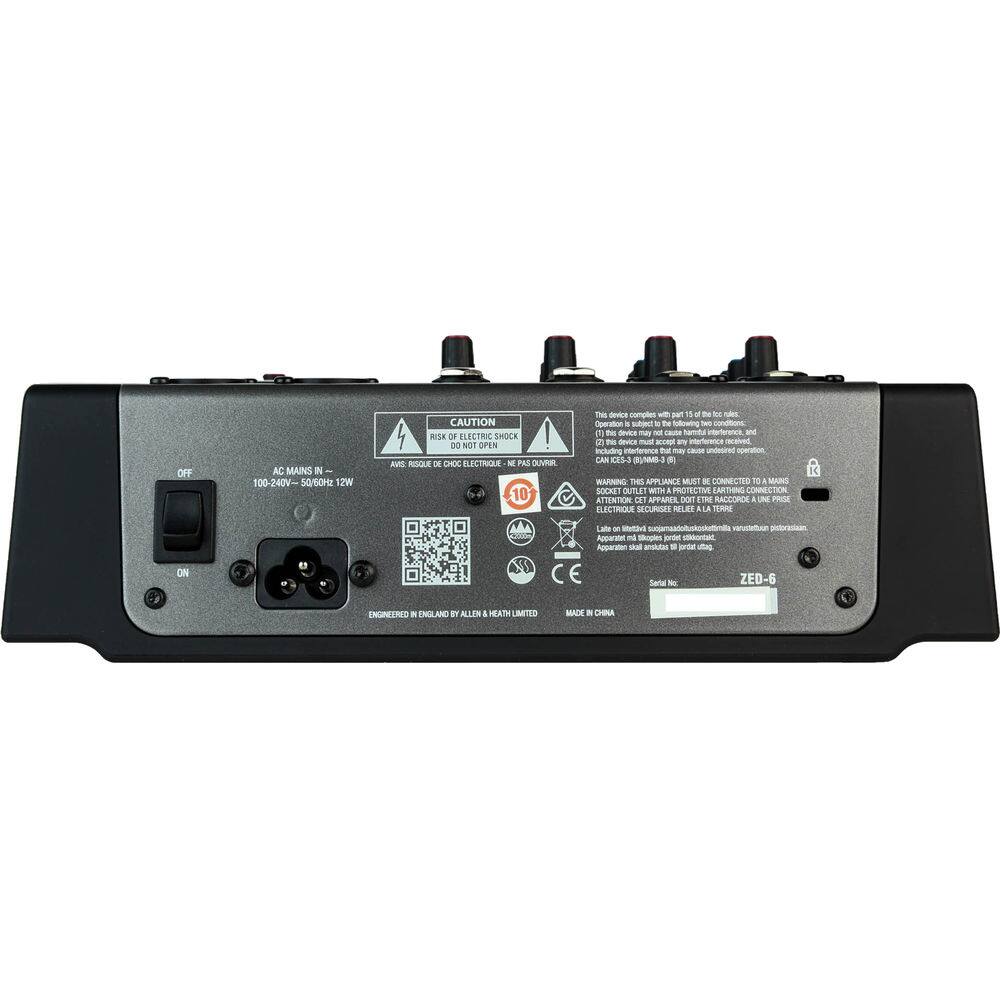 OFF AC MAINS IN - 100-240V- 50/60Hz 12W  
CAUTION RISK OF ELECTRIC SHOCK DO NOT OPEN  
AMS RESQUE DE CHOC ELECTRIQUE NE PAS OUVRIR  

This device complies with part 15 of the FCC rules.  
Operation is subject to the following two conditions:  
(1) This device may not cause harmful interference, and  
(2) This device must accept any interference received,  
including interference that may cause undesired operation.  
CAN ICES-3 (5MB-3)  

WARNING - APPLIANCE MUST BE CONNECTED TO MAINS SOCKET OUTLET WITH A PROTECTIVE EARTHING CONNECTION  
AVERTISSEMENT - CET APPLIANCE DOIT ÊTRE BRANCHE À UNE PRISE DE COURANT AVEC UN RACCORDEMENT À LA TERRE PROTECTEUR  

Engineered in England by Allen & Heath Limited  
Made in China  

Serial No: ZED-6