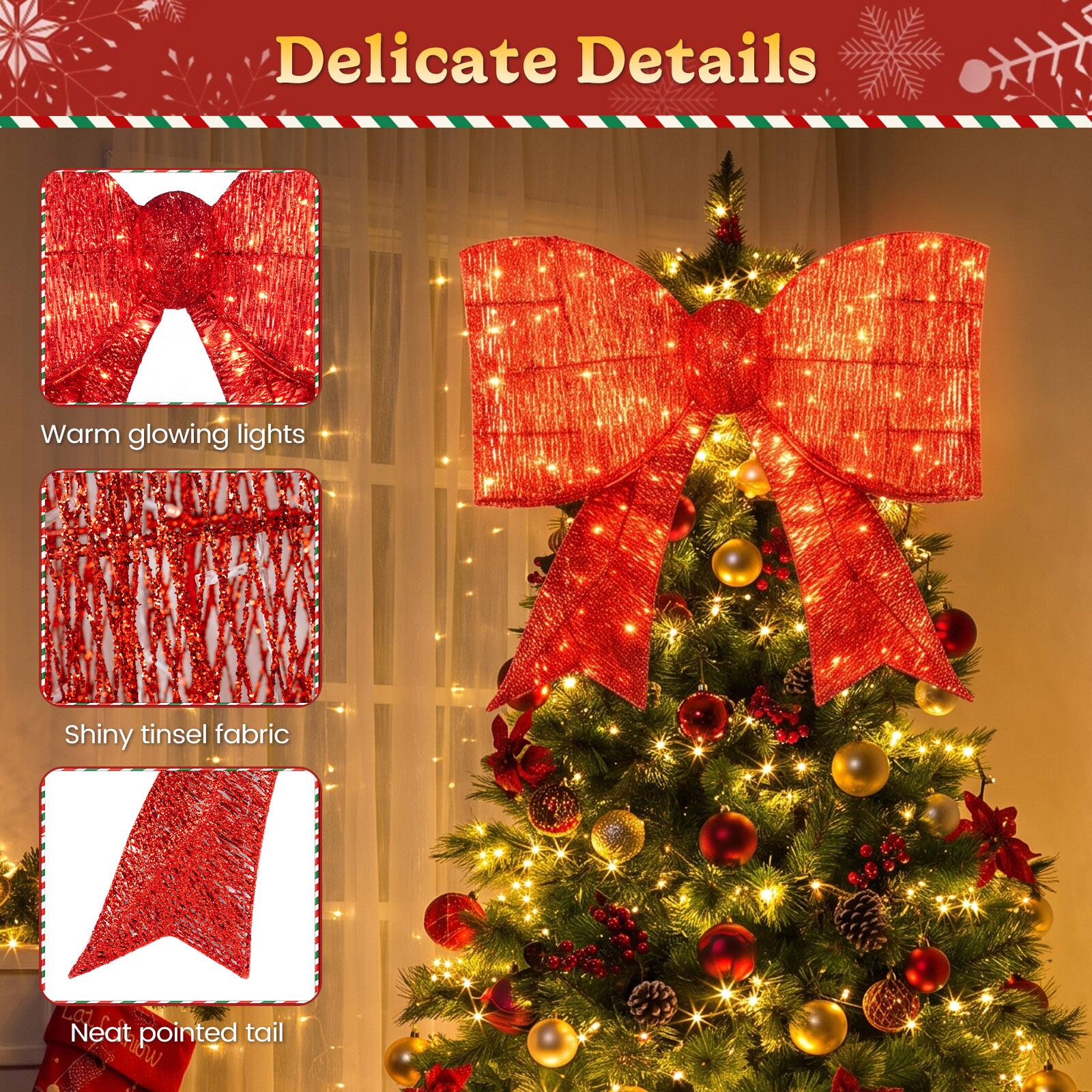Delicate Details

- Warm glowing lights
- Shiny tinsel fabric
- Neat pointed tail