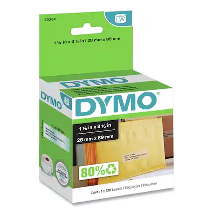 30254
1 1/8 in x 3 1/2 in | 28 mm x 89 mm
DYMO
1 1/8 in x 3 1/2 in | 28 mm x 89 mm
80%
Cont.: 1 x 130 Labels | Étiquettes | Etiquetas