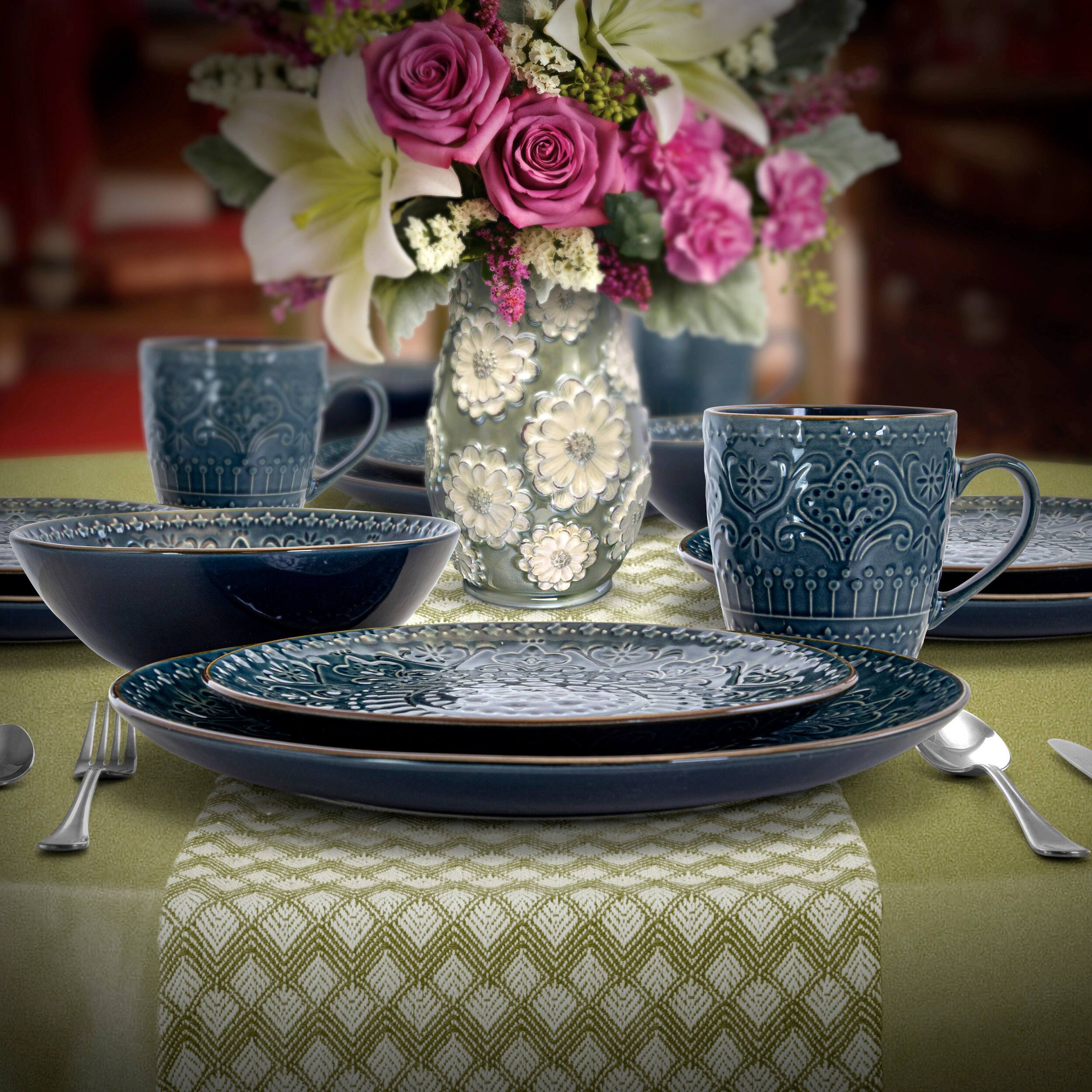 Alt View 5. Elama - Elama  Deep Sea Mozaic 16 Piece Luxurious Stoneware Dinnerware with Complete Setting for 4 - Dark Blue.
