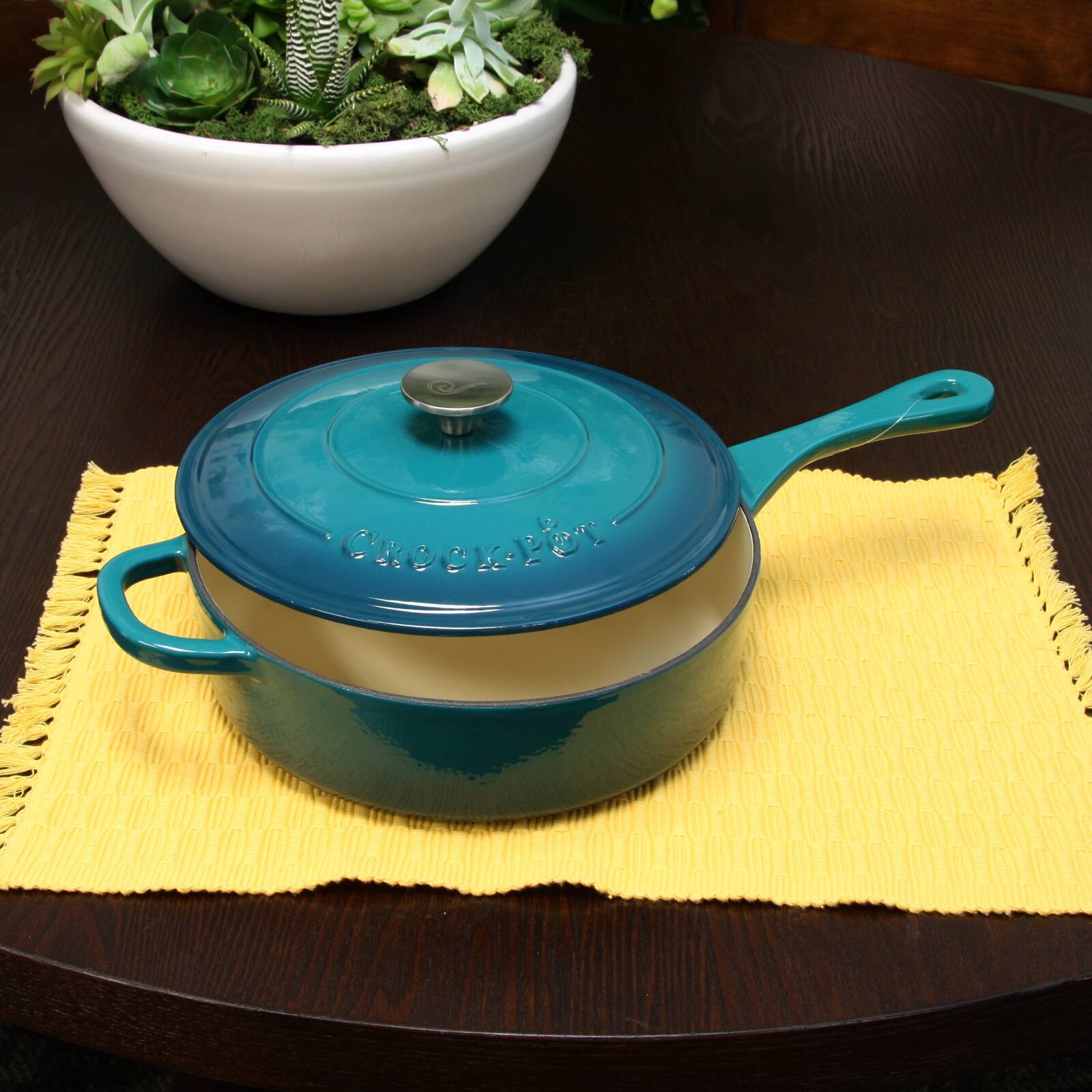 Alt View 2. Crock-Pot - Crock Pot Artisan 3.5 Quart Enameled Cast Iron Deep Sauté Pan With Self Basting Lid in Teal Ombre - Teal Ombre.
