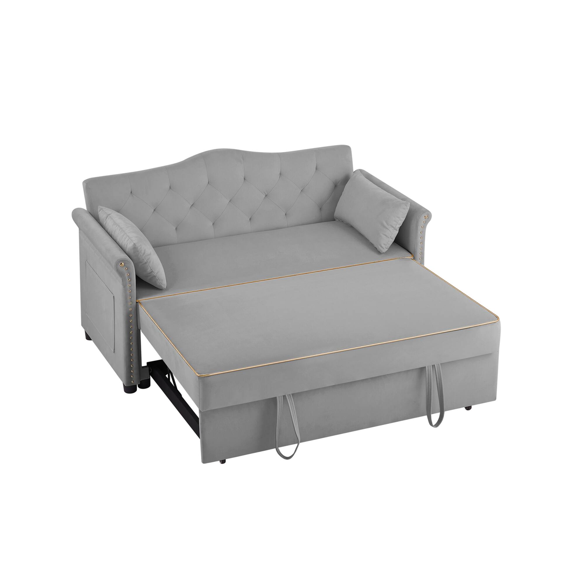 Back. GOODSILO - Velvet Convertible Sleeper Sofa Bed with Adjustable Positions and Tufted Backrest - Gray.